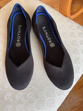 Rothys Round Toe Black Knit Flats Blue Halo Trim Ballet Shoes Womens 9.5